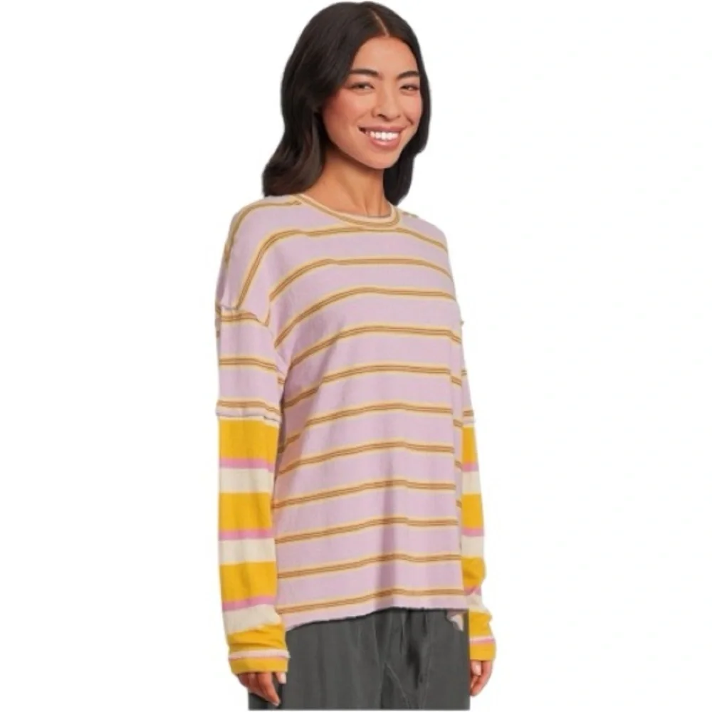 Free People Nina Stripe Long Sleeve Striped Top In Lilac Combo Size Large NWT